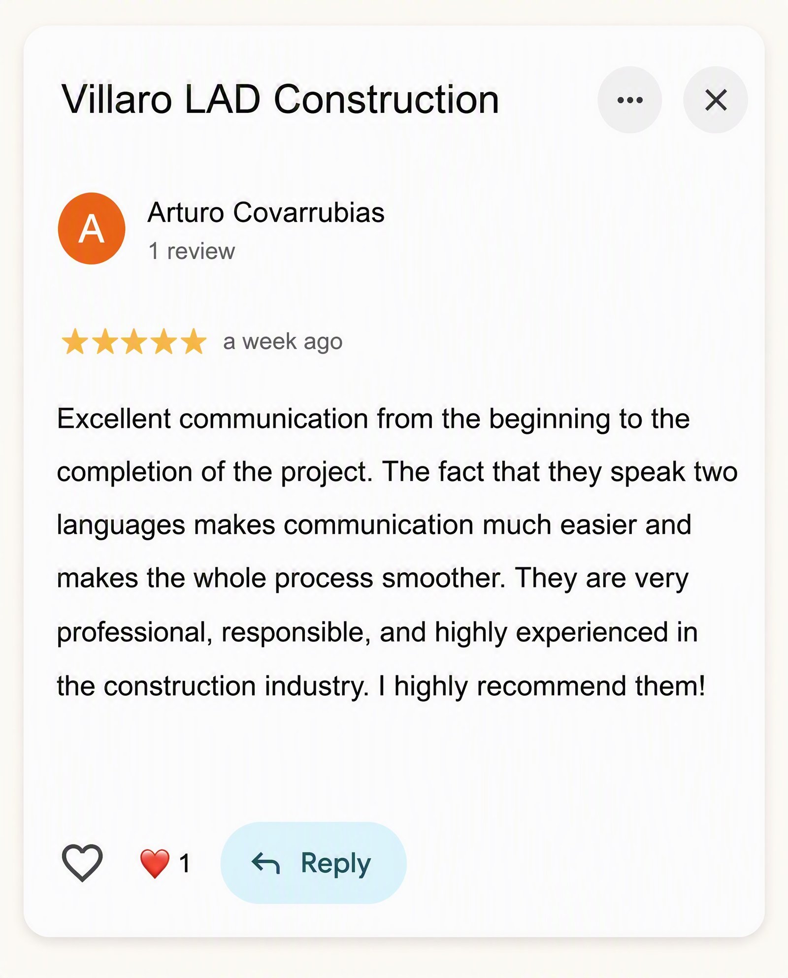 Google Review — Arturo Covarrubias — Villaro LAD Construction Utah County Authentic Google review from Arturo Covarrubias for Villaro LAD Construction
