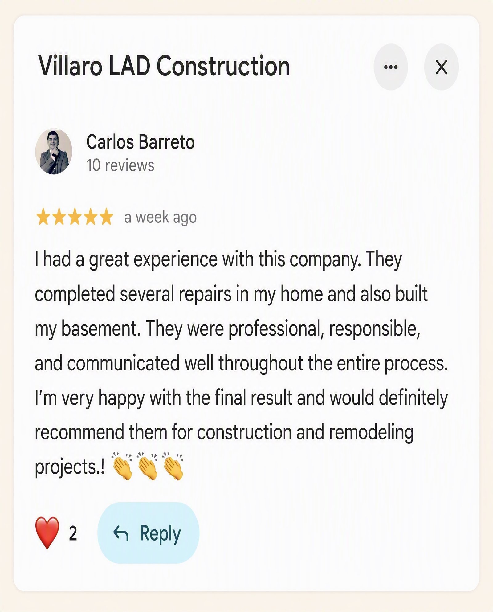 Google Review — Carlos Barreto — Villaro LAD Construction Utah County Authentic Google review from Carlos Barreto for Villaro LAD Construction