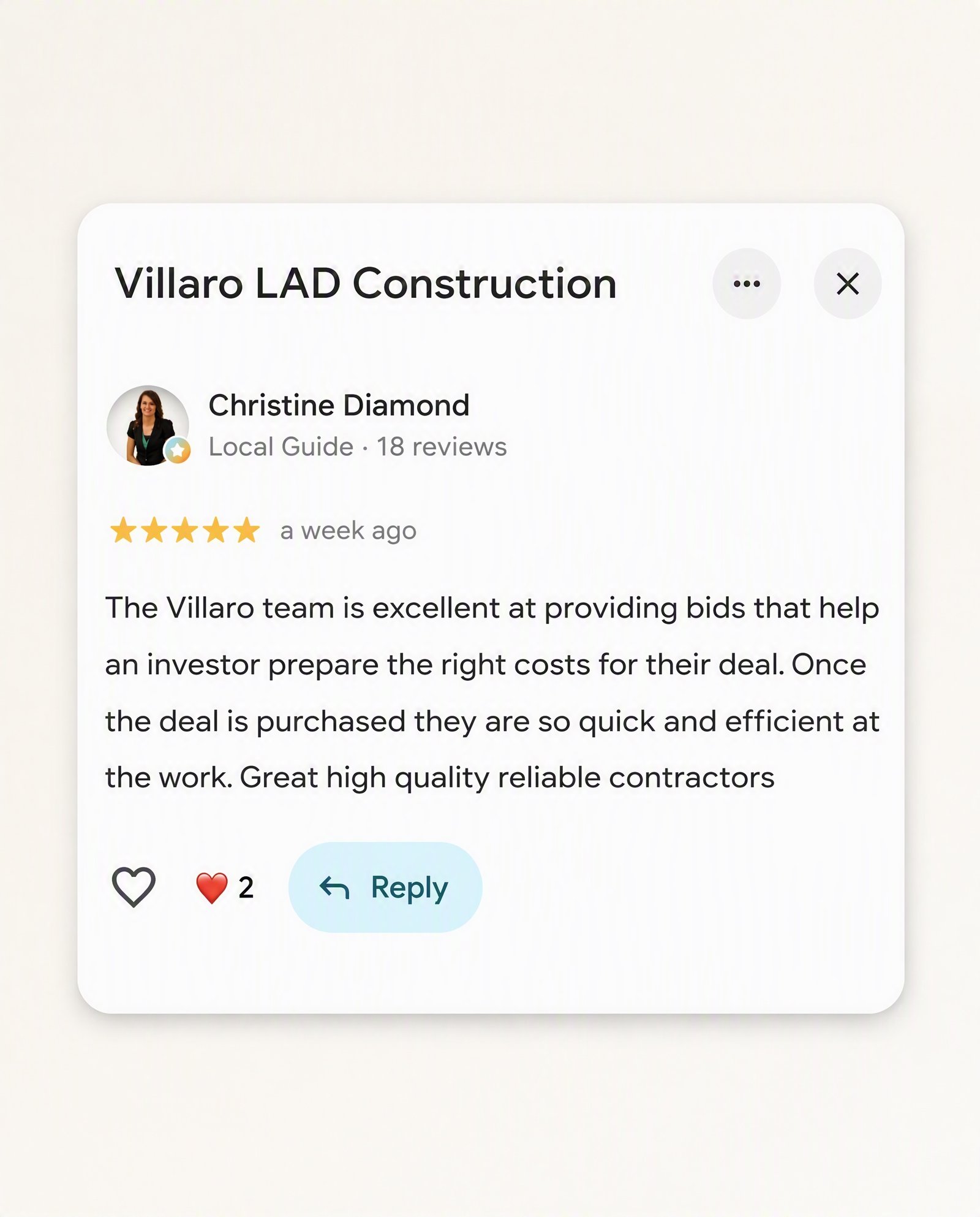 Google Review — Christine Diamond — Villaro LAD Construction Utah County Authentic Google review from Christine Diamond for Villaro LAD Construction