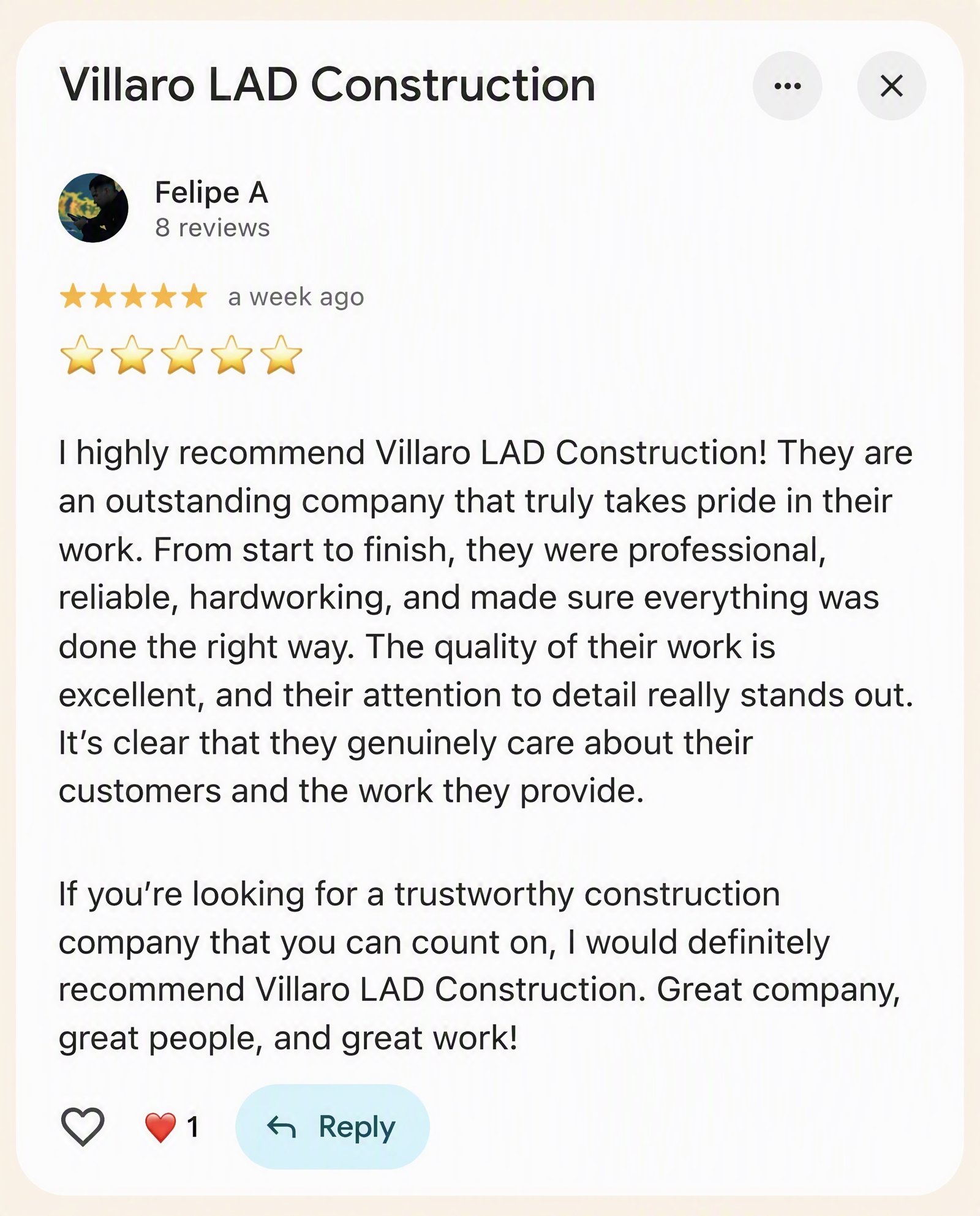 Google Review — Felipe A — Villaro LAD Construction Utah County Authentic Google review from Felipe A for Villaro LAD Construction