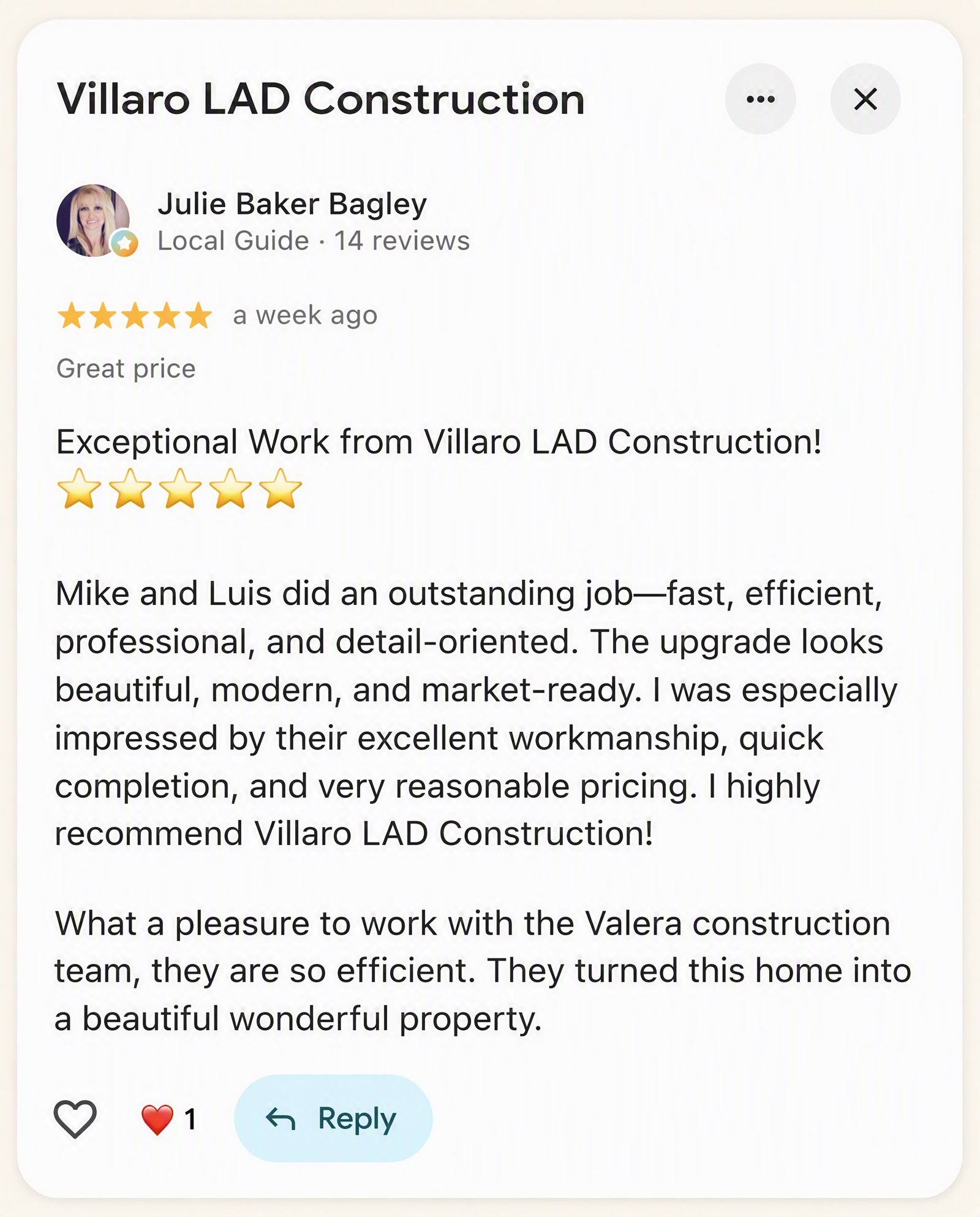 Google Review — Julie Baker Bagley — Villaro LAD Construction Utah County Authentic Google review from Julie Baker Bagley for Villaro LAD Construction