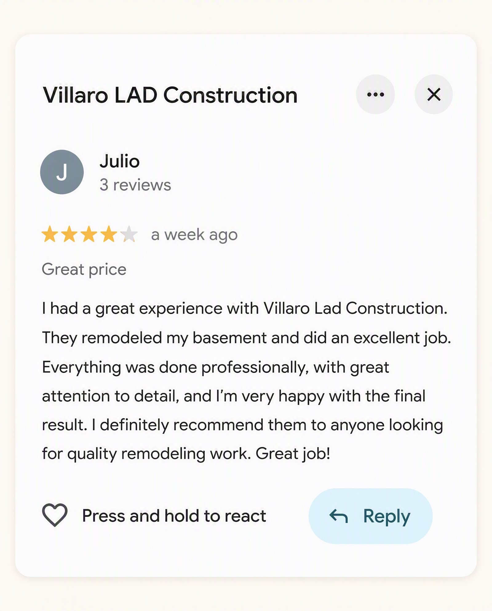 Google Review — Julio — Four-Star Review — Villaro LAD Construction Utah County Authentic four-star Google review from Julio for Villaro LAD Construction