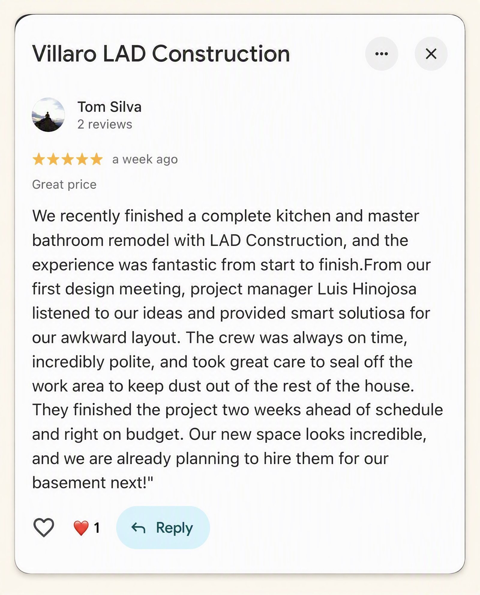 Google Review — Tom Silva — Villaro LAD Construction Utah County Authentic Google review from Tom Silva for Villaro LAD Construction