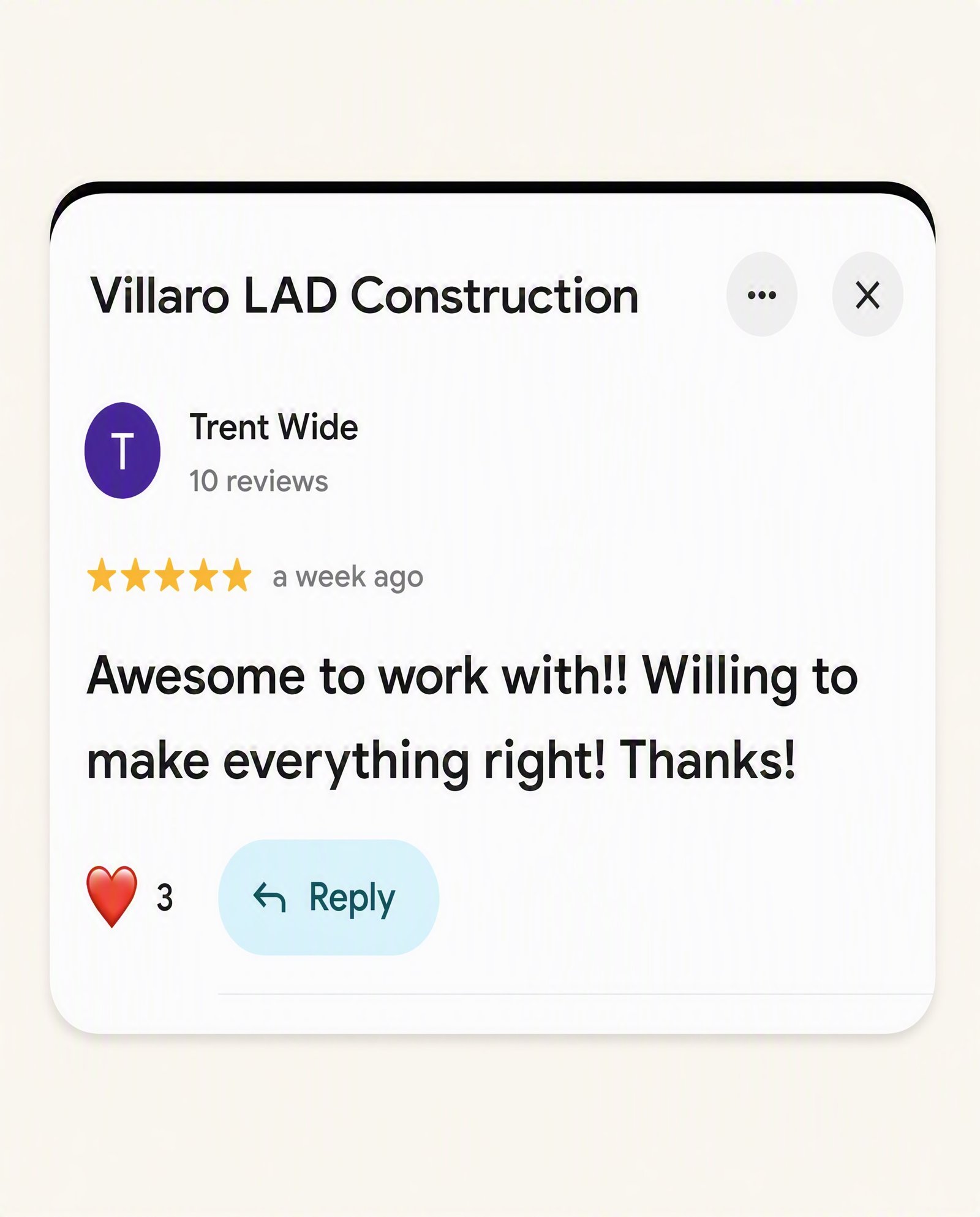 Google Review — Trent Wride — Villaro LAD Construction Utah County Authentic Google review from Trent Wride for Villaro LAD Construction
